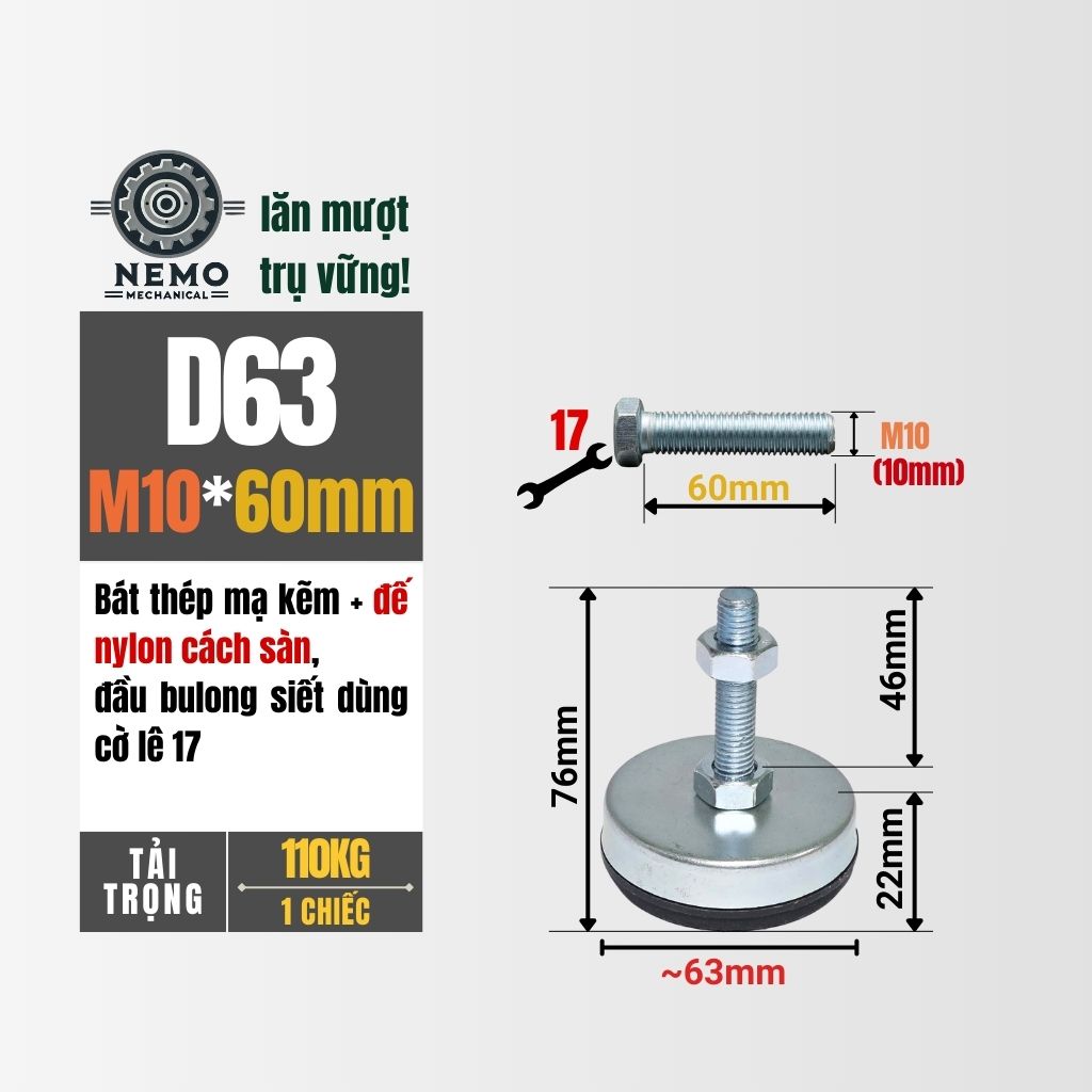 Chân Tăng Chỉnh Chống Rung – Đế Nylon, Cân Bằng Máy Móc (M10, M12)